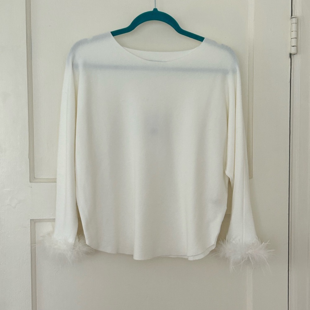 Elegant White Feather-Trimmed Women's Top
